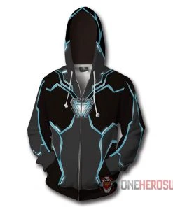 OneHeroSuits Iron Man Hoodies Iron Heart Blue Creative Printed Zip-Up Hooded Sweatshirt